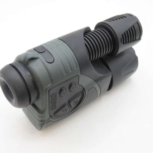 A compact and modern night vision monocular with a cylindrical body, grey protective casing, and rubber eyecup, featuring control buttons and a textured grip.