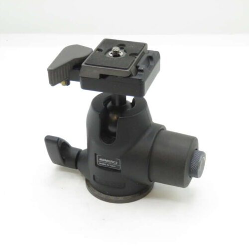 A black tripod ball head with a quick release plate, featuring adjustment knobs for positioning, placed on a white background.