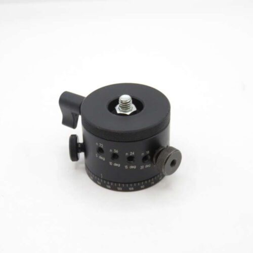 A black metal camera tripod head with adjustment knobs and angle markings on its side, shown on a white background.
