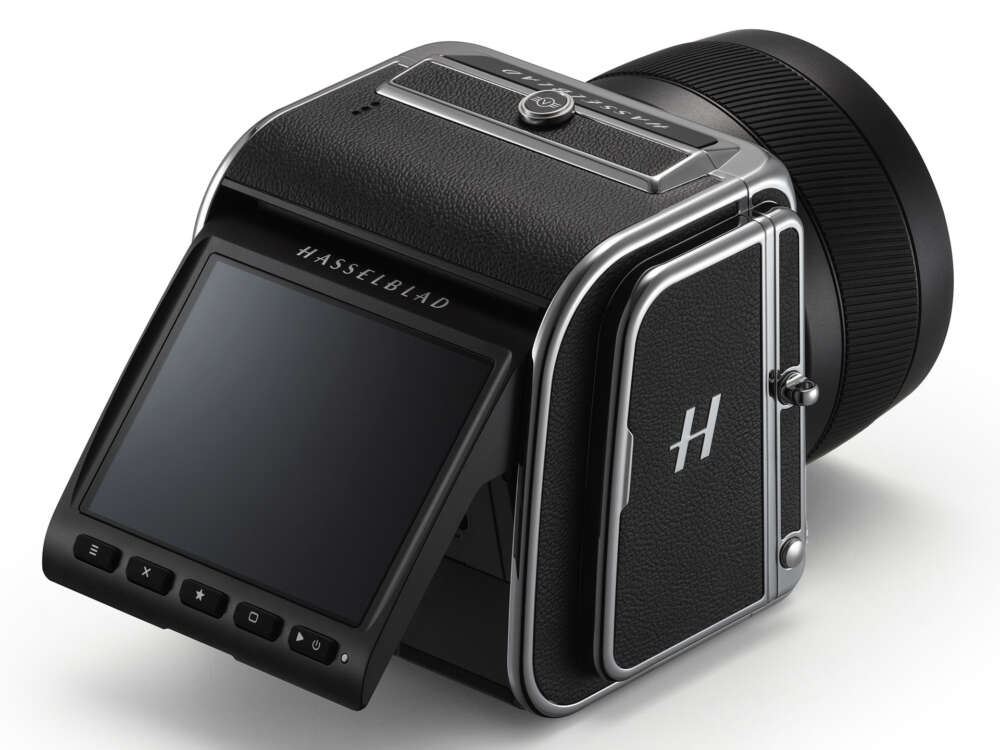 black used Hasselblad cameras with a digital display, featuring a sleek design with metallic accents and a prominent lens on the right side.