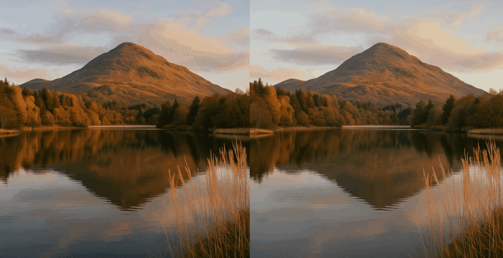A split image comparing the tonal range and colour depth between medium format and another format labeled "Mediurromat Camas." Both images show a serene landscape with a mountain, trees, and their reflections in a lake. The left side, labeled "Medium Format," has a slightly more natural colour tone, while the right side, labeled "Mediurromat Camas," appears less vibrant. The text "Tonal Range and Colour Depth" is at the top of the image, indicating a comparison of photographic quality.
