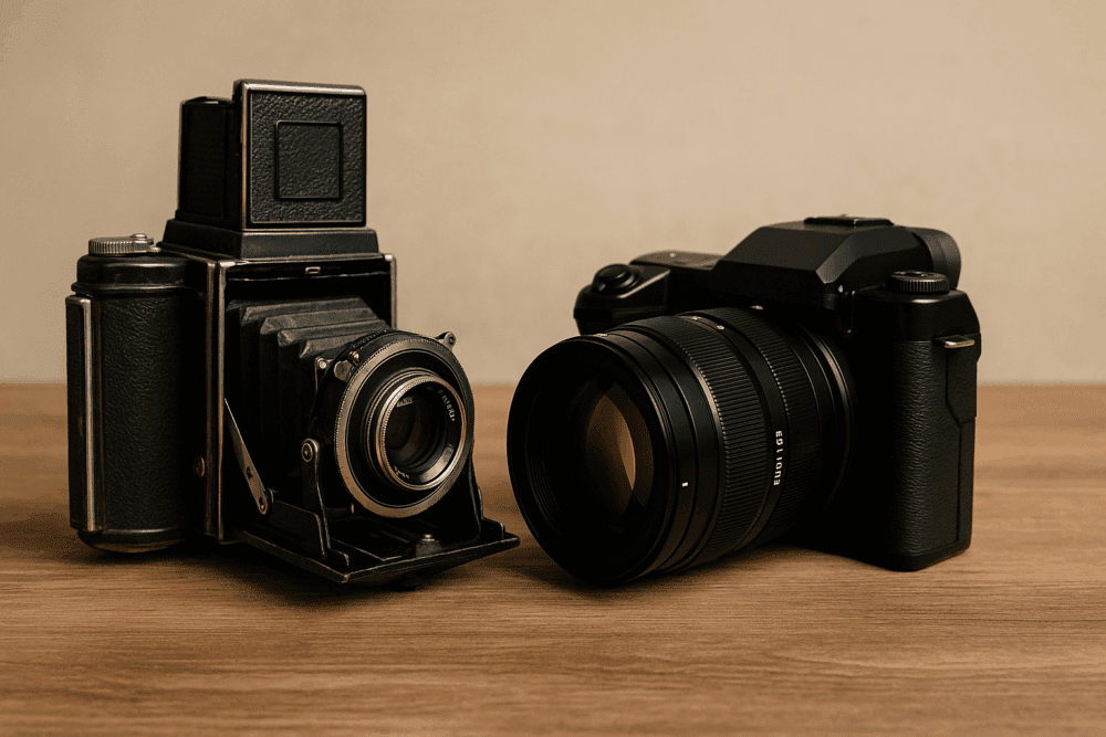 A vintage folding camera with a bellows sits next to a modern black digital camera with a large lens, both placed on a wooden table against a neutral background.