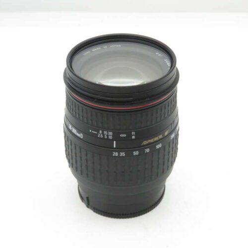 A camera lens with a focal length range of 28-300mm, featuring a black body with textured grip and markings for distance and zoom settings.
