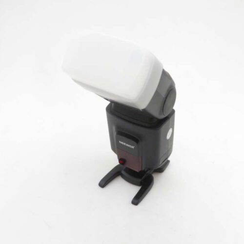 A camera flash unit with a white diffuser attached, branded "NEEWER," positioned on its stand against a plain white background.