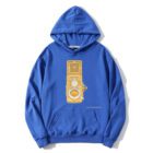 Blue hoodie featuring a yellow graphic of a vintage camera on the front, with a kangaroo pocket at the bottom.