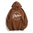 Brown hoodie with the text 'Photoco' printed in white, along with phrases 'Second Hand,' 'Adelaide, AUS,' 'Camera Specialists,' and 'Est. 1967.'