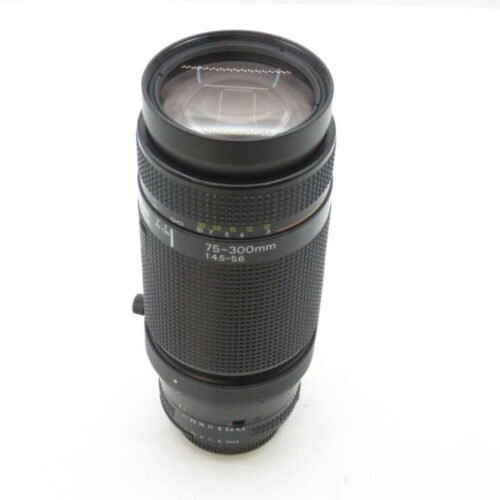 A black 75-300mm f/4.5-5.6 telephoto zoom lens with a textured grip and focus ring, viewed from above.