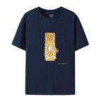 A navy blue T-shirt featuring a graphic of a vintage yellow camera on the front.