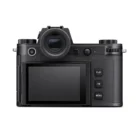 Rear view of a black digital camera featuring an electronic viewfinder, a large LCD screen, and buttons labeled PLAY, FN, and MENU on the right side.