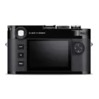 Rear view of a black camera featuring a large digital display screen, a tactile control panel with directional buttons on the right, and three buttons labeled Play, Fn, and Menu on the left. The text "Made in Germany" is visible above the screen.