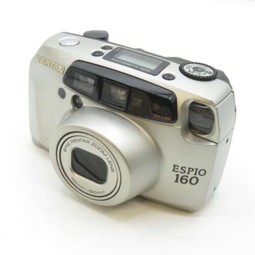 Pentax Espio 160 compact film camera with a silver body, featuring a zoom lens and multiple control buttons on the top.