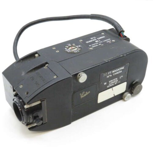 A vintage Vinten 16mm film camera with a 50-foot magazine, black in color, featuring dials and a serial number plaque.