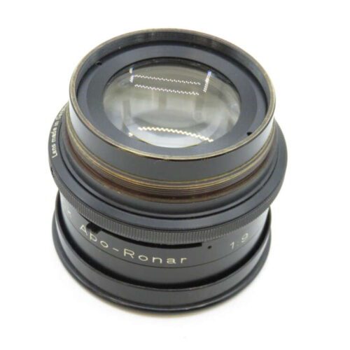 Close-up of a Rodenstock Apo-Ronar 1:9 camera lens with black casing and visible glass elements.
