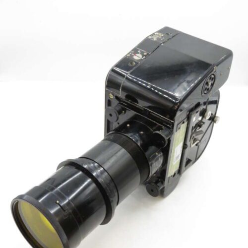 A vintage black movie camera with a long lens and control dials on the body, placed on a white background.