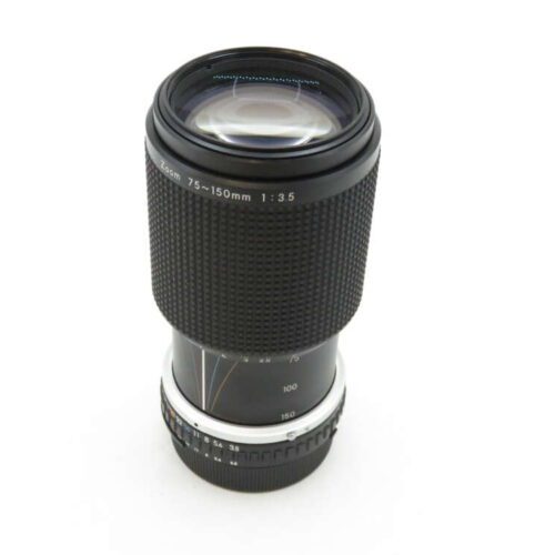 A black 75-150mm f/3.5 zoom camera lens with textured grip and white markings, standing upright against a white background.