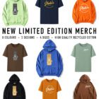 An advertisement showcasing limited edition merchandise from PhotoCo featuring various T-shirts and hoodies in different colours such as orange, blue, and green. Two designs are shown: one with a vintage camera graphic and another with the PhotoCo logo. The text highlights the availability in 8 colours, 3 designs, 4 sizes, and the use of high quality recycled cotton, designed by Luke Ormsby Art, exclusively available at PhotoCo.