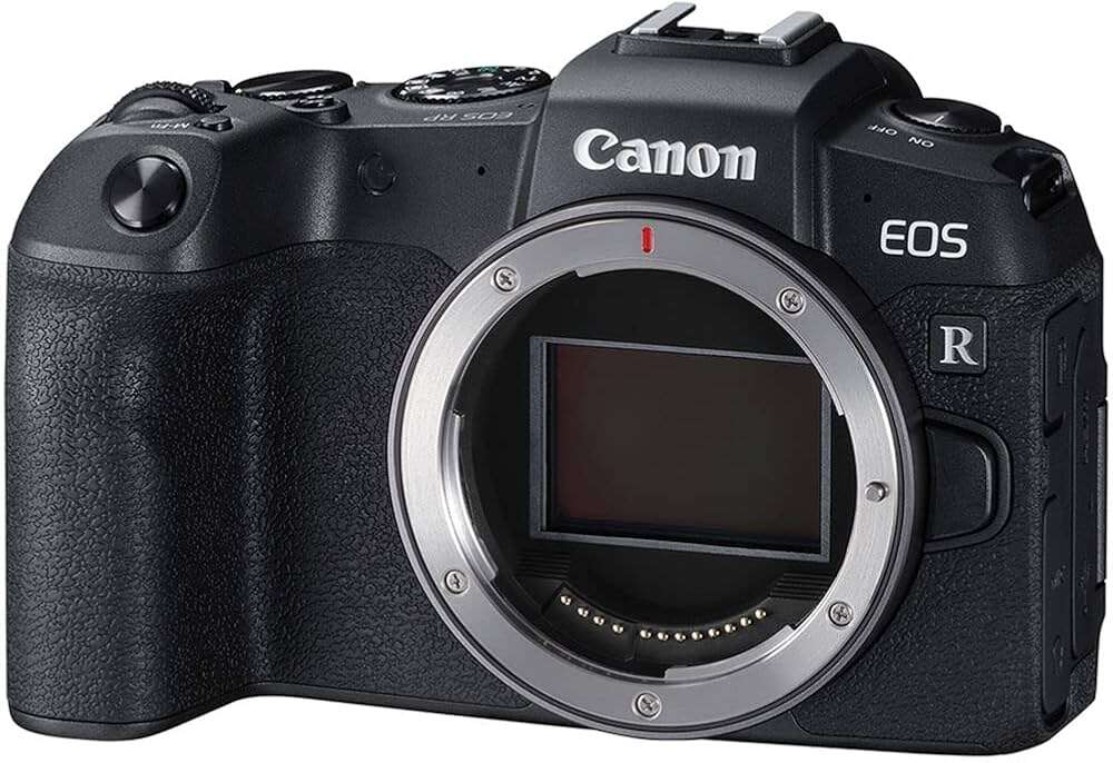 A Canon EOS R camera body with no lens attached, showcasing its sensor and controls.
