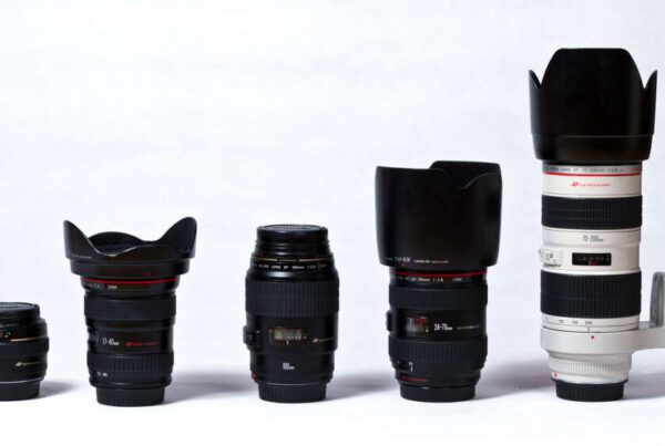A row of five camera lenses of varying sizes, with the largest lens on the right featuring a tripod mount.