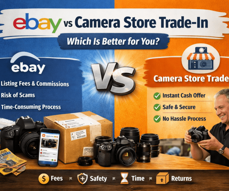 Infographic comparing eBay and camera store trade-in, highlighting fees, safety, and convenience with visuals and text.