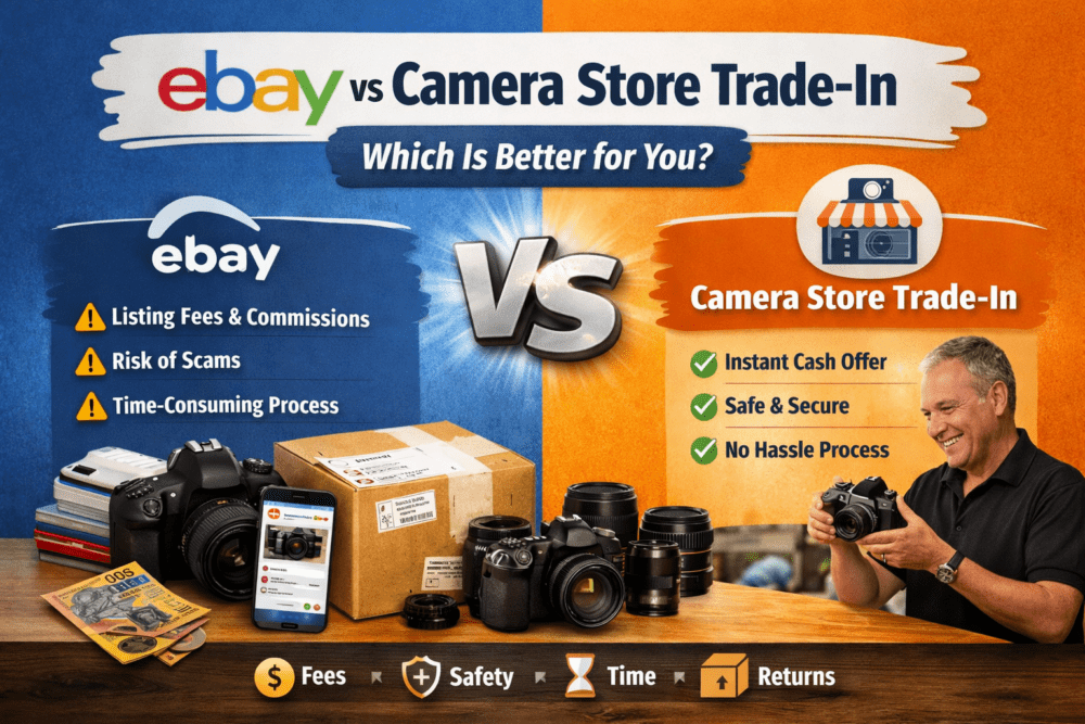 Infographic comparing eBay and camera store trade-in, highlighting fees, safety, and convenience with visuals and text.
