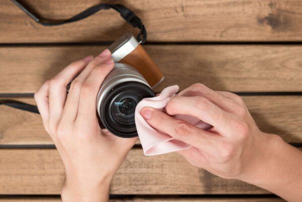 Hands cleaning a camera lens with a pink cloth on a wooden table.