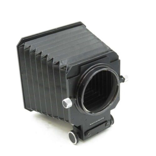A black bellows-style camera accessory with metal adjustment knobs on either side, set against a white background.