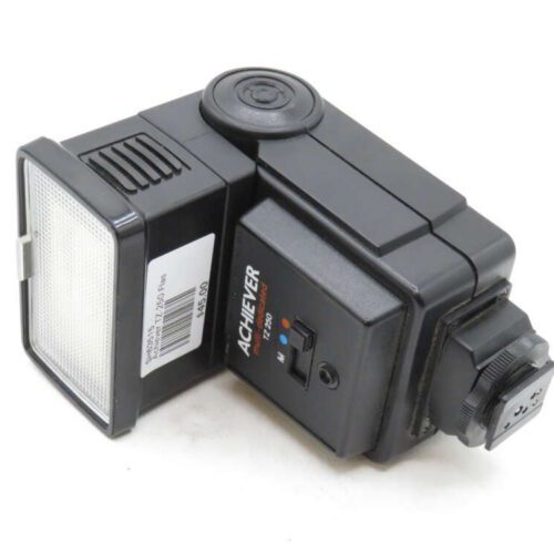 A black Achiever camera flash with a label and control buttons is positioned on a white surface.
