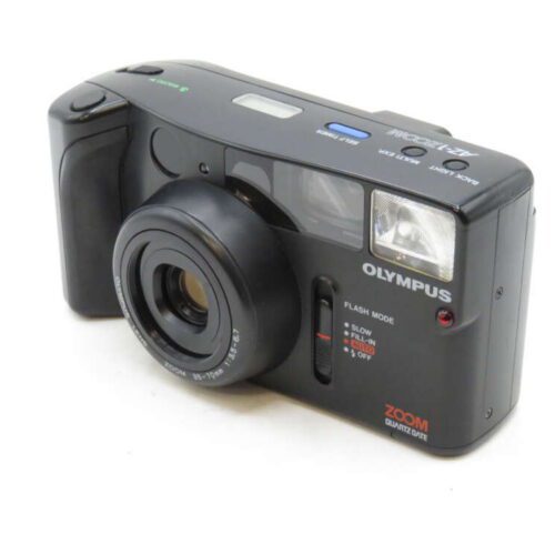 A compact Olympus camera with a zoom lens, labeled with "ZOOM 35-70mm" and various control buttons.