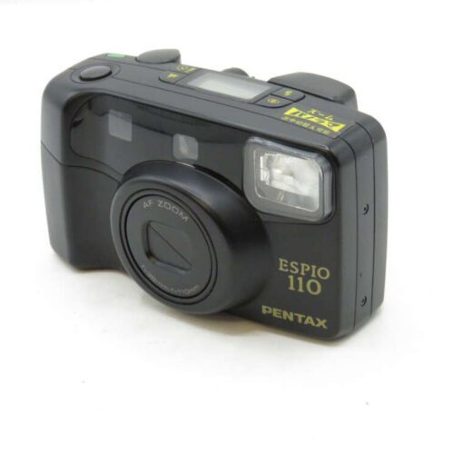 A black Pentax Espio 110 camera with an AF Zoom lens and built-in flash on a white background.