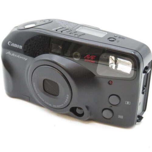 A black Canon Autoboy film camera with visible lens, flash, and various control buttons.