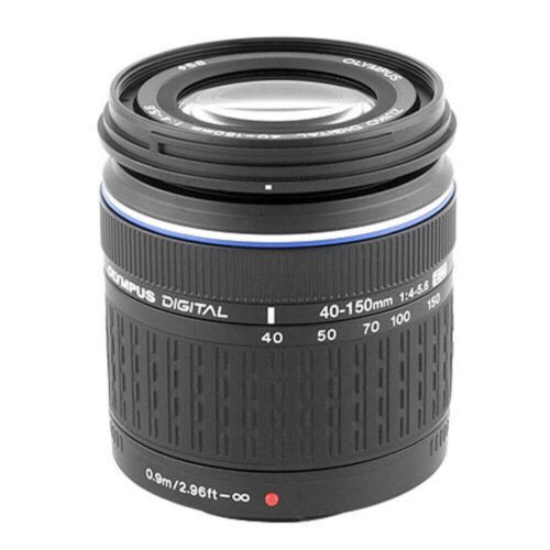 A black Olympus digital camera lens with focal lengths marked from 40-150mm and an aperture range of f/4-5.6.