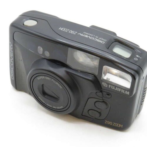 A black Fujifilm Discovery 290 Zoom camera with lens and flash visible.