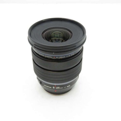 Black Olympus M.Zuiko Digital 8-25mm camera lens on a plain white background.