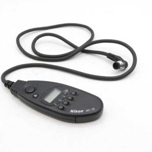 Nikon MC-20 remote control with a long black cable and a small LCD screen.