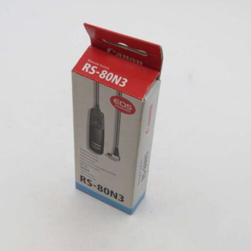 Canon RS-80N3 remote switch in its packaging, featuring the product image and description on the box.