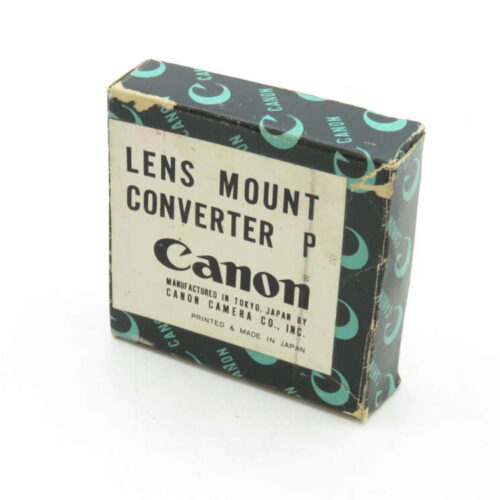 Box of a Canon Lens Mount Converter P, with a vintage design and printed details about its manufacturing in Japan.