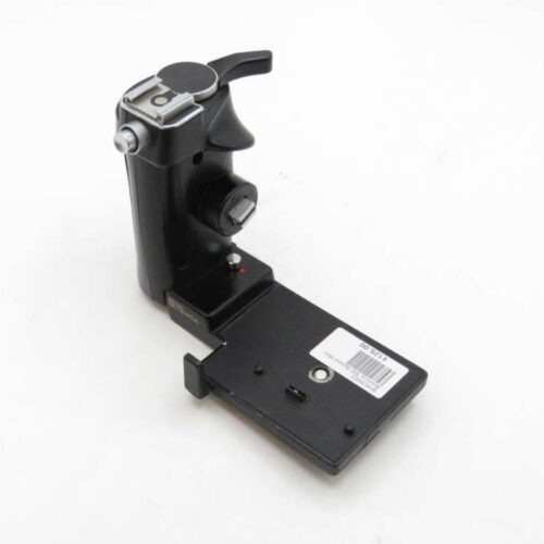 A black camera grip with a shutter button and a mount for attaching to a camera or smartphone.