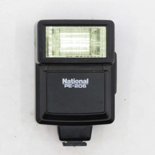 A black National PE-206 camera flash unit with a transparent front panel.