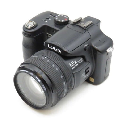 A black LUMIX digital camera with a 12x optical zoom lens and multiple control dials.