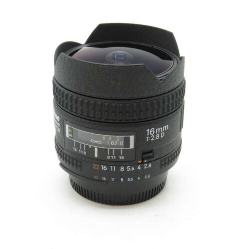 16mm f/2.8D fisheye camera lens with focus and aperture markings.