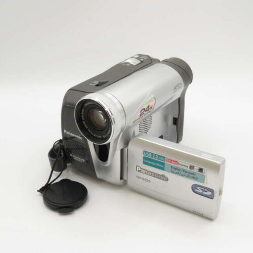 A silver Panasonic camcorder with a lens cap attached and an SD card displayed beside it.