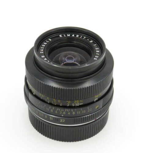 Camera lens with focus and aperture rings, labelled "Elmarit-R 1:2.8/35", on a white background.