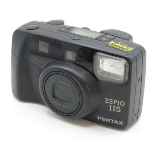 A Pentax Espio 115 compact film camera with a black body and visible lens and flash.