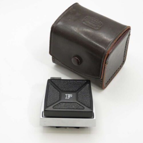 A vintage camera accessory with a leather case, featuring a black and silver design with a textured surface and a logo.