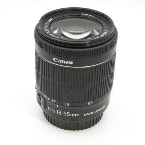 A Canon EFS 18-55mm camera lens with image stabiliser, showing its zoom range markings on a white background.