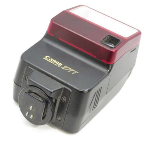 Canon Speedlite 277T flash unit with a red translucent cover and a mounting base.