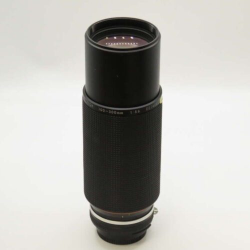 A black 100-300mm telephoto camera lens with a textured grip, set against a plain white background.
