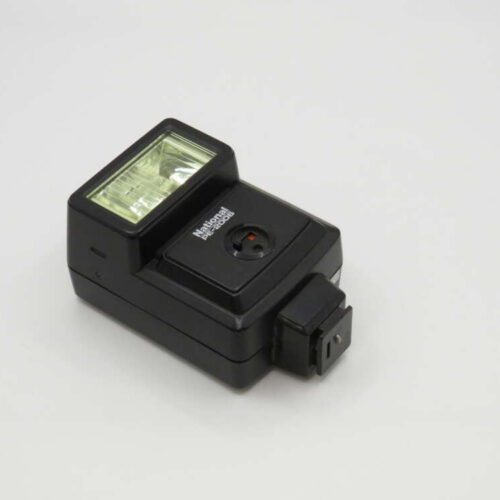 A vintage external camera flash with a reflective panel and a black plastic casing, featuring the branding "National".