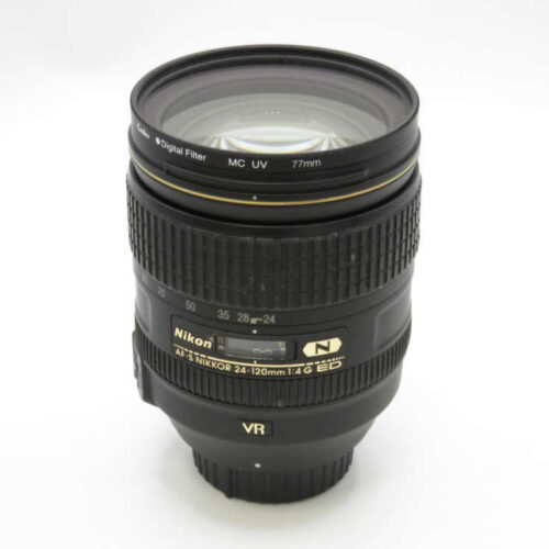 A Nikon AF-S NIKKOR 24-120mm f/4G ED VR lens with visible focus and zoom rings.