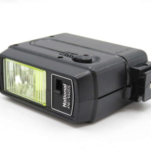 A black National PE-240S camera flash unit with a neon yellow lens accent, placed on a white background.